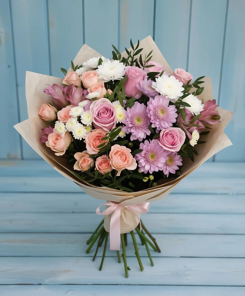 Букет цветов из: Хризантемы, Розы и Альстромерии в Хомутовке