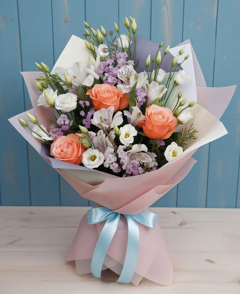Букет цветов из: Лизиантусы, Розы, Альстромерии и Гипсофила в Хомутовке