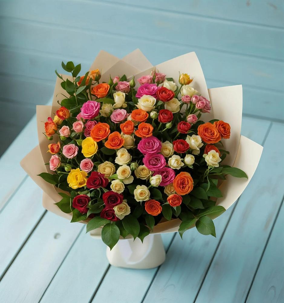 Букет Микс из разноцветных кустовых роз в Хомутовке