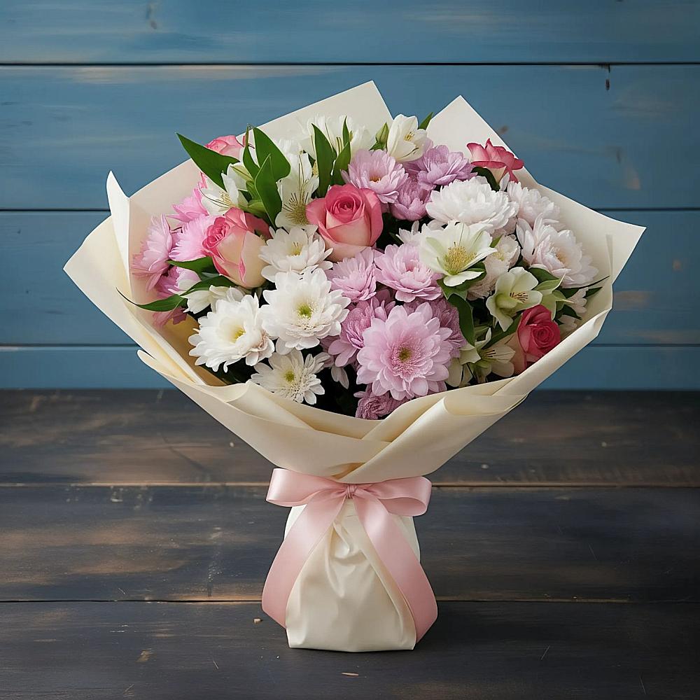 Букет цветов из: Хризантемы, Альстромерии и Розы в Хомутовке